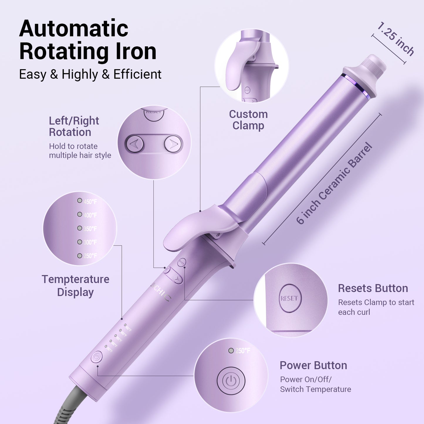 LivChic Rotating Curling Iron Automatic Hair Curler 1.25 inch Barrel for All Hair Types Dual Voltage